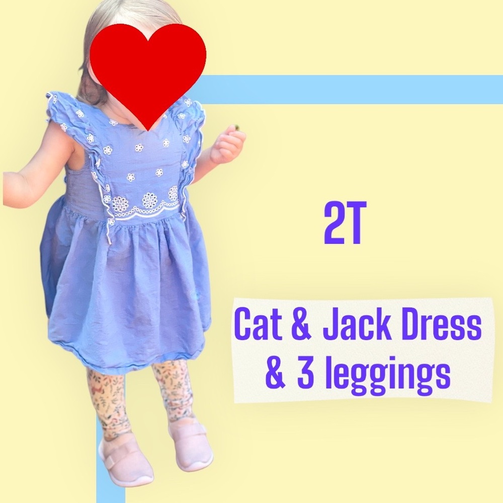 Cat & Jack All Cotton Blue Dress & 3 Pairs Leggings